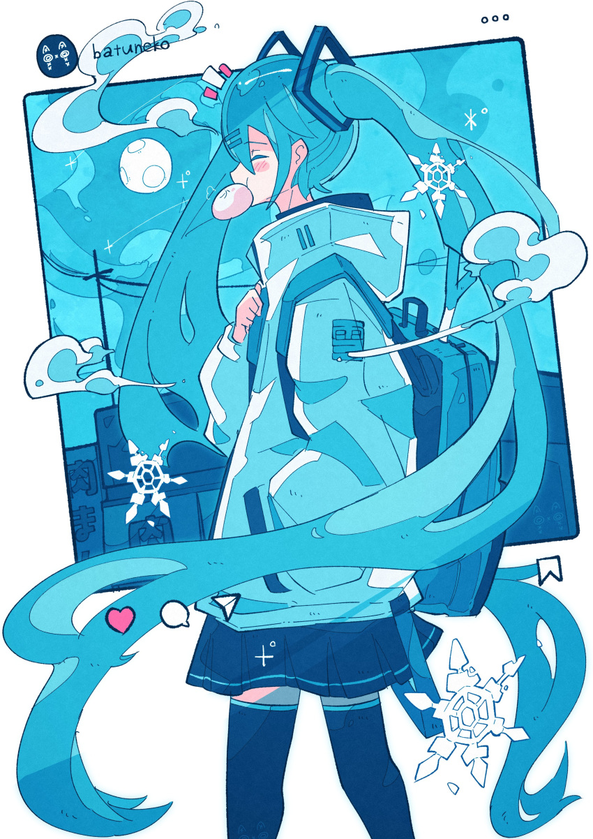 1girl absurdres backpack bag baozi blue_eyes blue_hair blue_theme commentary eating food from_side hair_ornament hand_in_pocket haru57928031 hatsune_miku highres instagram jacket long_hair mouth_hold snowflakes solo spring_onion translated twintails very_long_hair vocaloid walking whorled_clouds yuki_miku