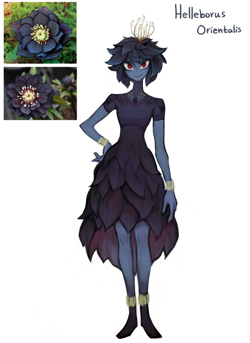 1girl absurdres black_footwear blue_hair blue_skin closed_mouth colored_skin dress full_body highres leaf_skirt looking_at_viewer matilda_fiship medium_hair original plant_hair purple_dress red_eyes simple_background smile solo standing white_background
