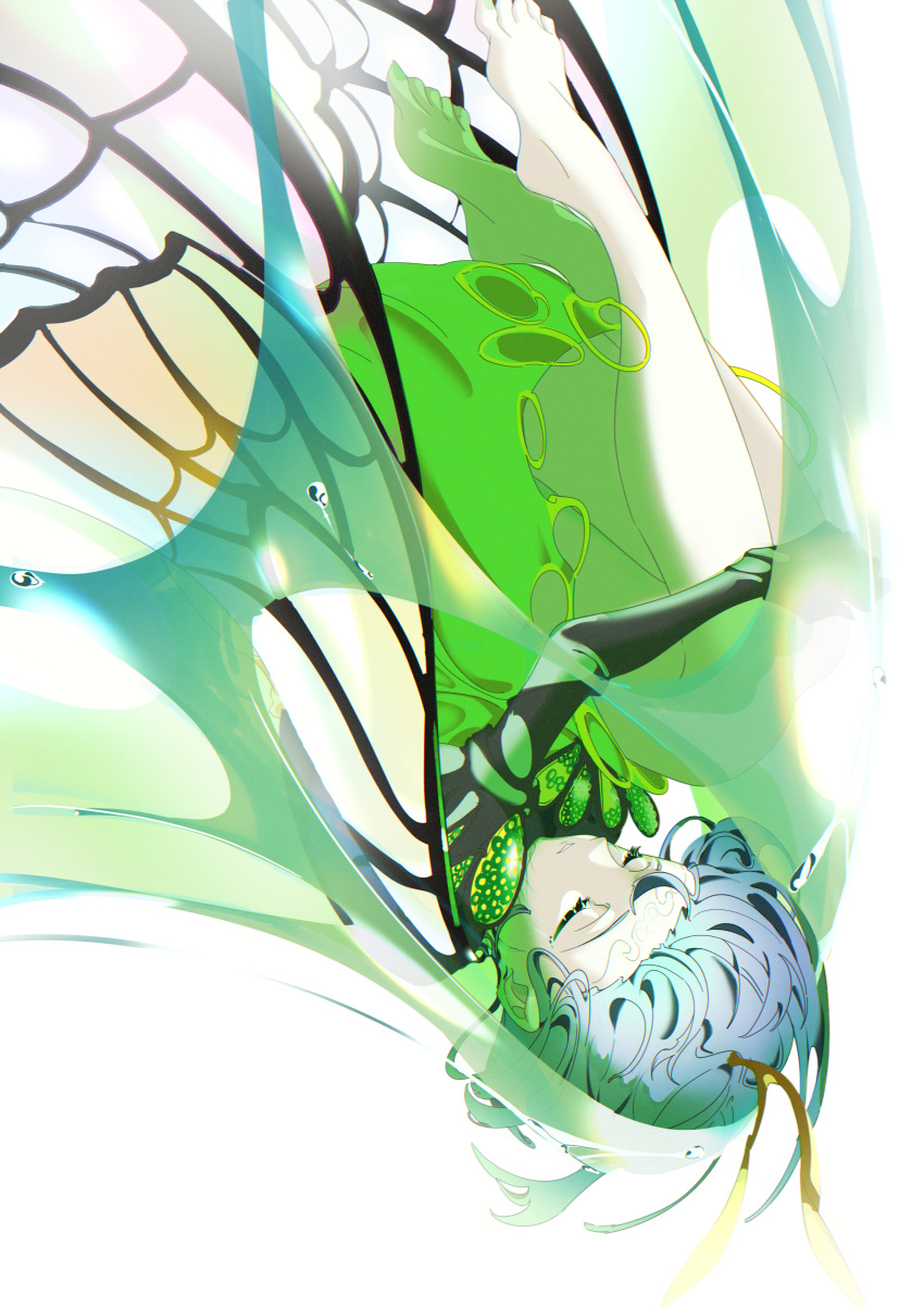 1girl absurdres antennae aqua_hair bare_legs barefoot black_gloves butterfly_wings closed_eyes commentary dress eternity_larva fetal_position full_body gem gloves green_dress hands_on_own_knees highres knees_up mizoreshi parted_lips short_hair solo teeth touhou upside-down water_drop wings