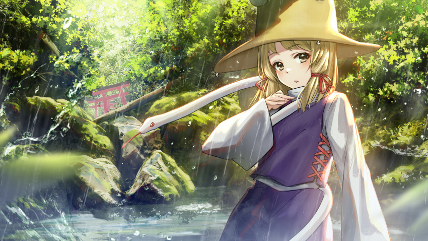 1girl absurdres akky_(akimi1127) bangs blonde_hair blurry blurry_foreground blush brown_eyes brown_headwear commentary_request day depth_of_field eyebrows_visible_through_hair forest hair_ribbon hat highres long_hair long_sleeves looking_at_viewer moriya_suwako moss nature outdoors parted_lips purple_skirt purple_vest rain red_ribbon ribbon shirt skirt skirt_set sleeves_past_wrists snake solo torii touhou tree vest water white_shirt white_snake wide_sleeves