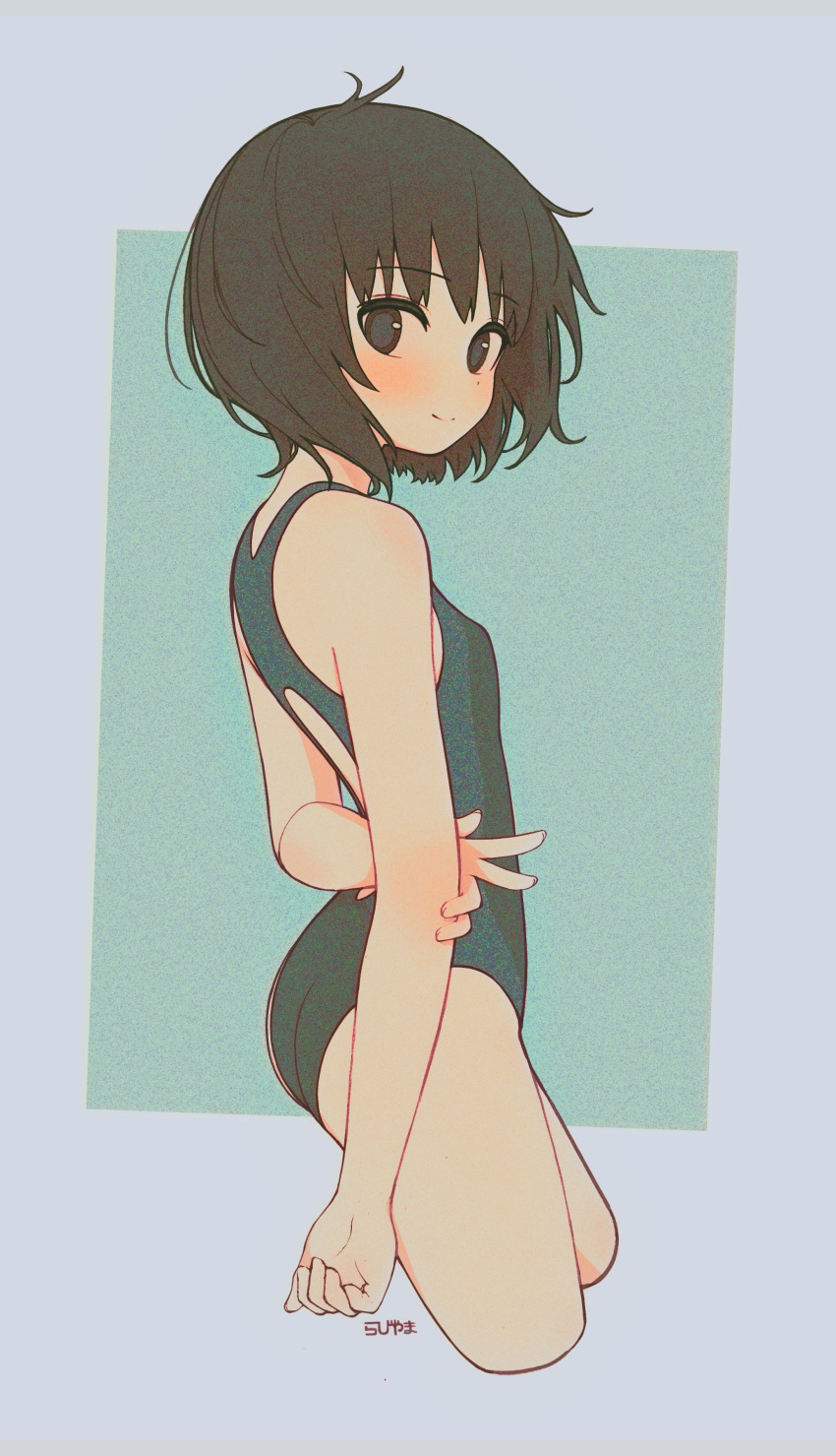 1girl absurdres amagami arms_behind_back black_eyes black_hair black_swimsuit bob_cut breasts competition_swimsuit cowboy_shot cropped_legs highres looking_at_viewer nanasaki_ai one-piece_swimsuit rabiyamarabi short_hair small_breasts solo swimsuit two-tone_swimsuit v