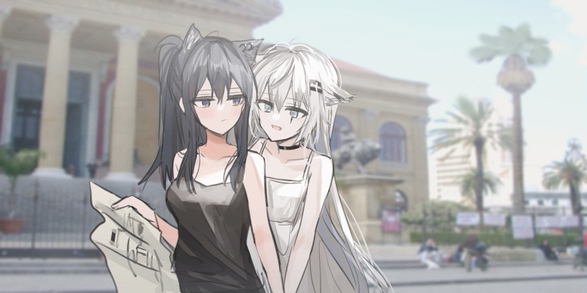 2girls :d absurdres animal_ear_fluff animal_ears arknights bangs bare_arms bare_shoulders black_dress black_hair blue_eyes blurry blurry_background blush breasts chihuri closed_mouth commentary_request day depth_of_field dress ear_piercing eyebrows_visible_through_hair fang hair_between_eyes hair_ornament hairclip highres holding lappland_(arknights) medium_breasts multiple_girls outdoors piercing ponytail scar scar_across_eye sleeveless sleeveless_dress smile texas_(arknights) white_dress white_hair