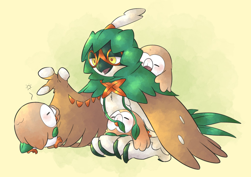 blush closed_eyes closed_mouth commentary decidueye highres no_humans open_mouth pkpokopoko3 pokemon pokemon_(creature) pokemon_on_back red_pupils rowlet sitting yellow_background yellow_eyes