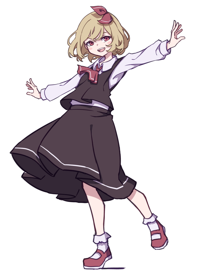 1girl black_dress blonde_hair collared_shirt dress eyebrows_behind_hair full_body hair_ribbon highres kame_(kamepan44231) long_sleeves one-hour_drawing_challenge outstretched_arms red_eyes red_footwear red_neckwear red_ribbon ribbon rumia shirt short_hair simple_background skirt smile solo spread_arms touhou white_background white_shirt