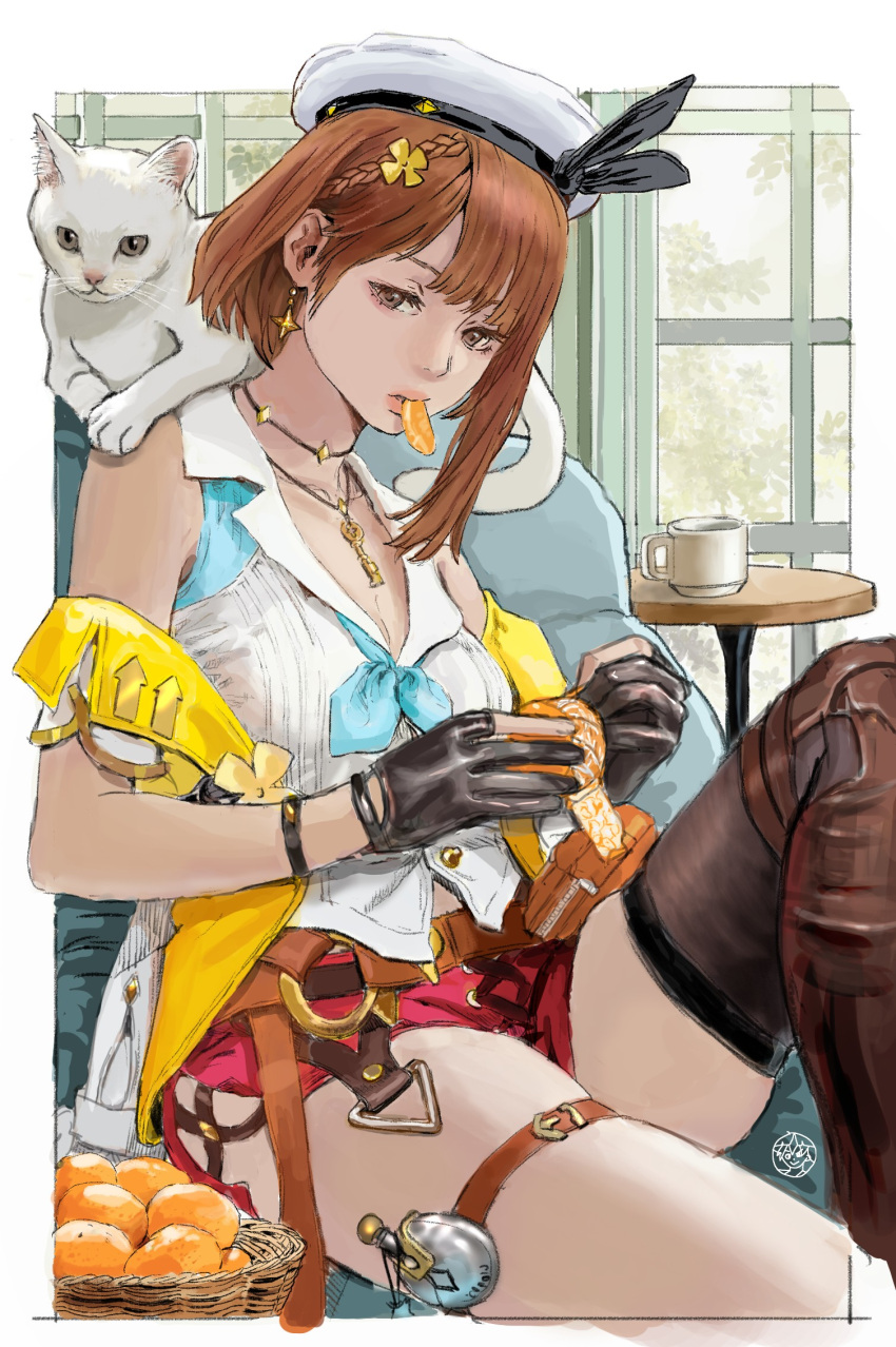 1girl atelier_(series) atelier_ryza belt beret black_gloves braid brown_eyes brown_hair cat earrings food fruit gloves hair_ornament hat highres indoors jewelry key_necklace looking_at_viewer mouth_hold orange_(fruit) red_shorts reisalin_stout shiren_(ourboy83) shorts side_braid sitting sleeveless solo thighs white_cat white_headwear window