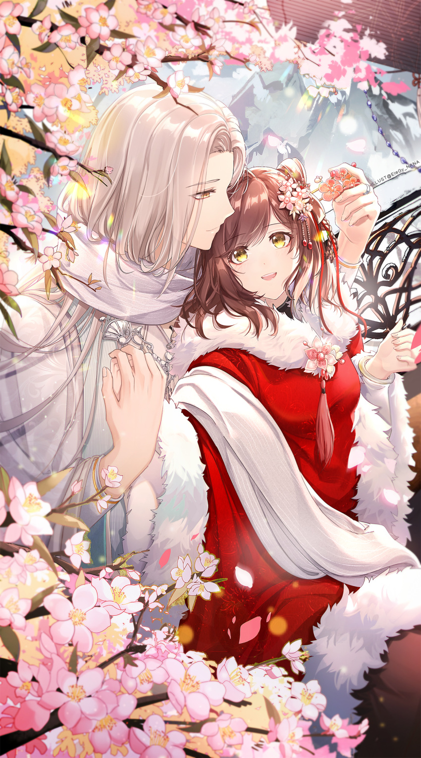 1boy 1girl :d absurdres bangs branch brown_hair cherry_blossoms chinese_clothes closed_mouth flower green_eyes hair_flower hair_ornament hanfu highres holding_hands long_hair long_sleeves nana895 open_mouth pink_flower rosa_(tears_of_themis) smile tears_of_themis vyn_richter_(tears_of_themis) white_hair yellow_eyes