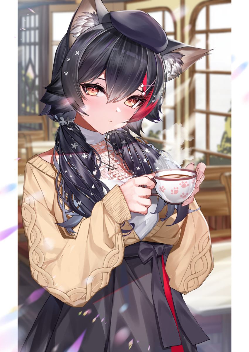 1girl animal_ear_fluff animal_ears bangs black_hair black_skirt blush brown_cardigan brown_eyes cardigan cup hair_between_eyes hat highres holding holding_cup hololive indoors lamium_(artist) looking_at_viewer multicolored_hair ookami_mio open_cardigan open_clothes redhead shirt skirt solo steam streaked_hair twintails virtual_youtuber white_shirt wolf_ears