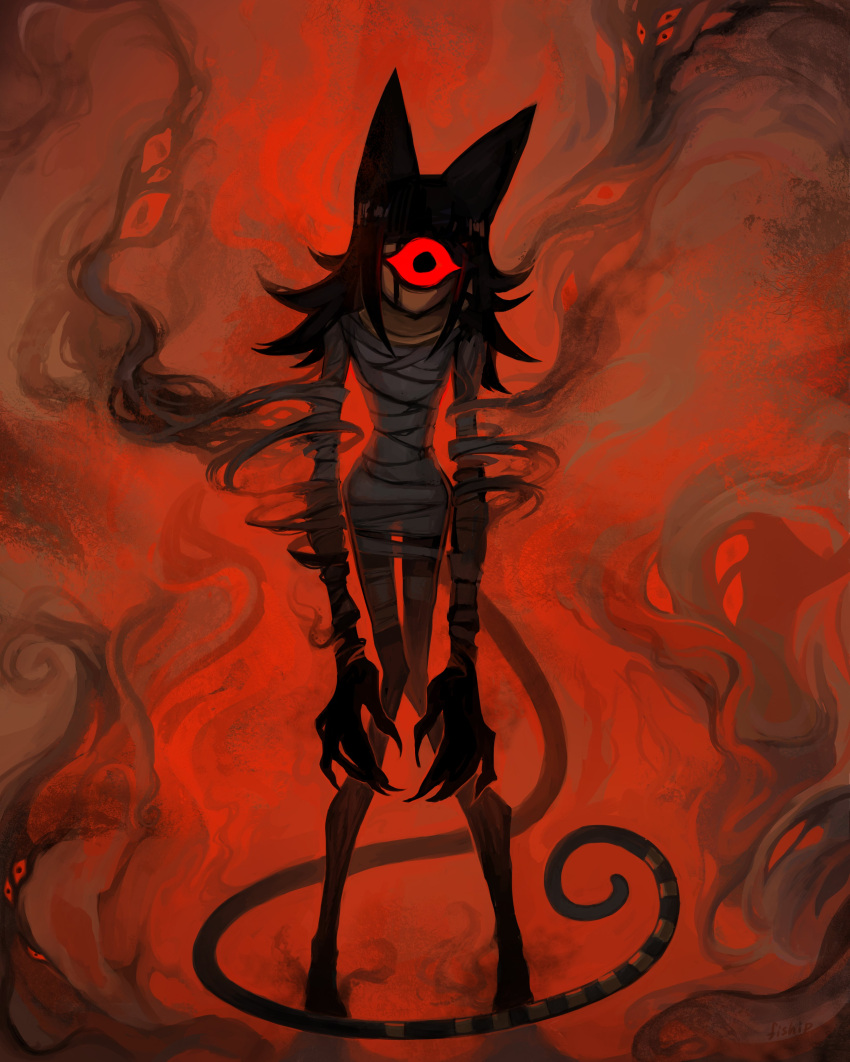 1girl absurdres animal_ears bandages cat_ears cat_tail cyclops fingernails full_body ghastet_(matilda_fiship) highres looking_at_viewer mask matilda_fiship one-eyed original red_background red_theme sharp_fingernails smoke solo standing striped_tail tail