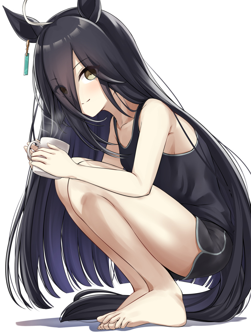 1girl absurdres ahoge animal_ears bangs bare_arms bare_shoulders barefoot black_hair black_shorts black_tank_top blush closed_mouth cup eyebrows_visible_through_hair eyes_visible_through_hair full_body hair_over_one_eye herohero_(higashi_no_dou) highres holding holding_cup horse_ears horse_girl horse_tail long_hair looking_at_viewer manhattan_cafe_(umamusume) mug short_shorts shorts smile solo squatting tail tank_top umamusume very_long_hair white_background
