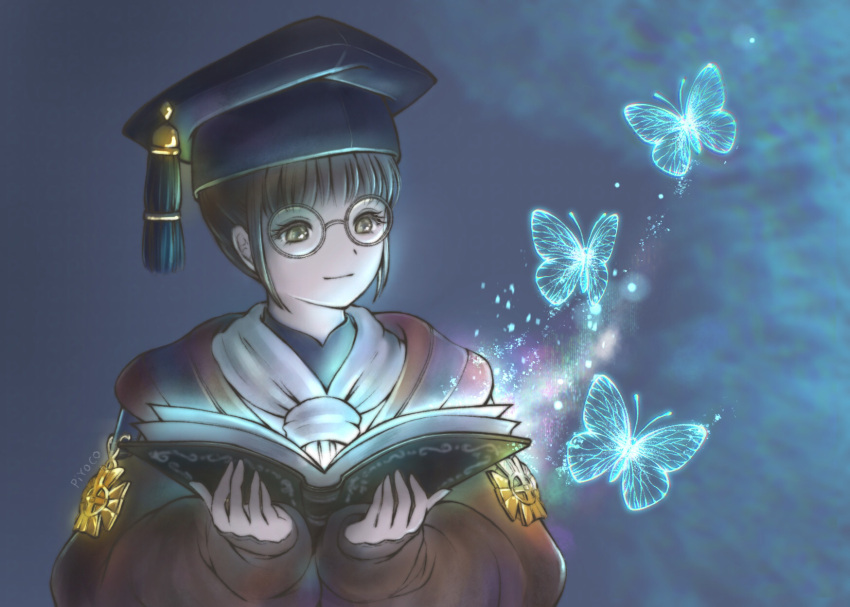 1girl artist_name avatar_(ff11) bangs black_headwear blunt_bangs book brown_hair bug butterfly closed_mouth eyelashes final_fantasy final_fantasy_xi glasses green_eyes hat highres holding holding_book hume long_sleeves mortarboard open_book piyoco round_eyewear scholar_(final_fantasy) short_hair solo upper_body