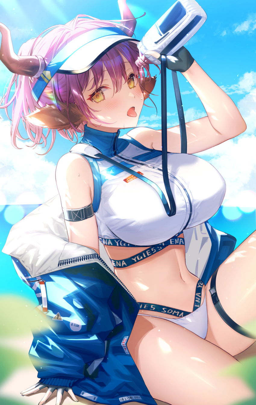 1girl arknights bangs bare_shoulders bikini blonde_hair blue_jacket blush bottle breasts commission dega1028 highres horns jacket large_breasts long_sleeves looking_at_viewer navel off_shoulder official_alternate_costume open_mouth outdoors purple_hair sideroca_(arknights) sideroca_(light_breeze)_(arknights) sitting skeb_commission sky solo swimsuit thighs tongue tongue_out visor_cap water water_bottle white_bikini