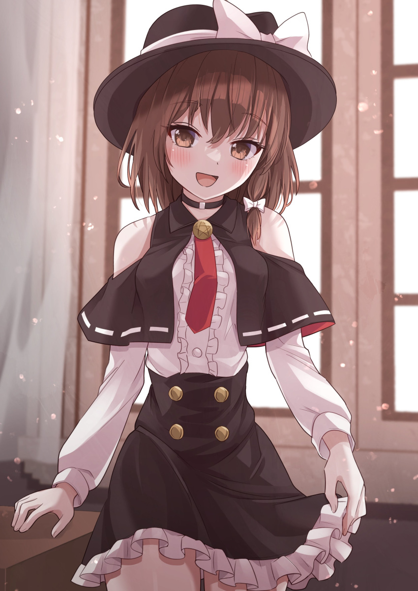1girl :d absurdres bangs black_capelet black_choker black_headwear black_skirt blush brown_eyes brown_hair buttons capelet center_frills choker clothing_cutout commentary_request cowboy_shot detached_sleeves eyelashes fedora fingernails frills hair_ribbon hand_on_table hat highres looking_at_viewer necktie open_mouth puffy_sleeves ramie_(ramie541) red_necktie ribbon ribbon-trimmed_capelet shiny shiny_hair shirt short_hair shoulder_cutout skirt skirt_set sleeveless sleeveless_shirt smile solo standing tongue touhou tress_ribbon usami_renko white_curtains white_ribbon white_shirt white_sleeves window wooden_table