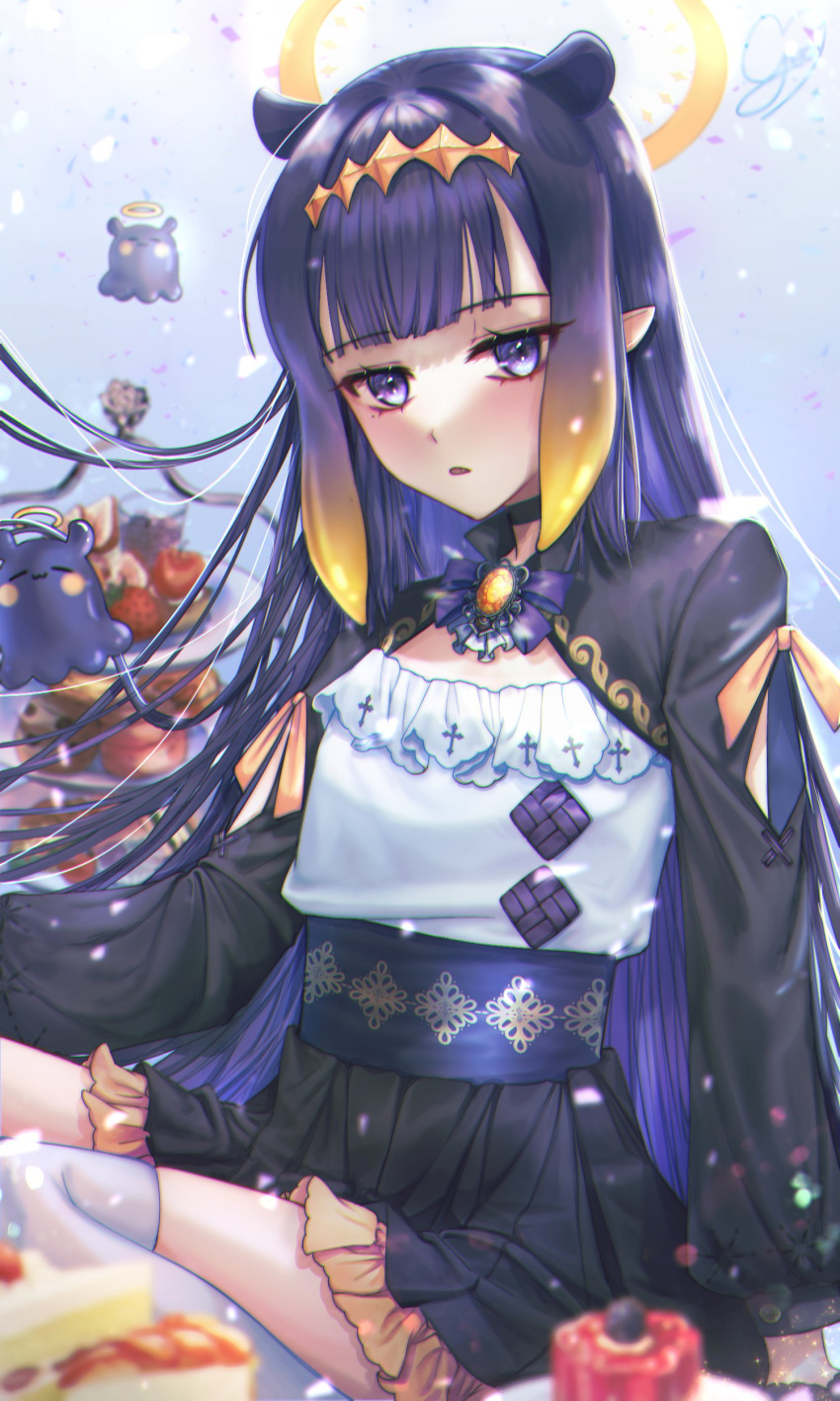 1girl absurdres apple black_skirt blush cake cleavage_cutout clothing_cutout eyebrows_visible_through_hair flat_chest food frills fruit gelatin hair_behind_ear halo head_tilt highres hololive hololive_english looking_at_viewer ninomae_ina'nis pointy_ears purple_hair shoulder_cutout shrug_(clothing) sitting skirt solo tako_(ninomae_ina'nis) tentacle_hair violet_eyes virtual_youtuber yeon6432