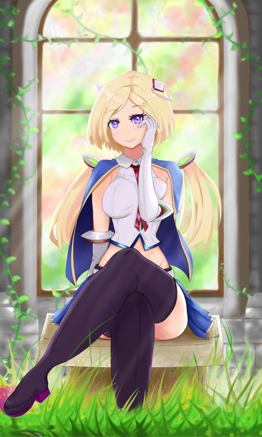 absurdres aki_rosenthal blonde_hair boots cape fantasy gloves grass hair_extensions highres hololive plant sunlight tall_grass thigh-highs thigh_boots thighs trolllogicworks twintails vines violet_eyes window