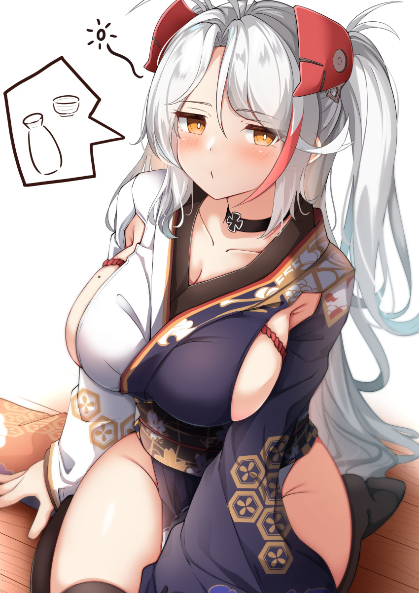 1girl absurdres azur_lane black_choker black_kimono black_legwear blush breasts brown_eyes choker closed_mouth collarbone commentary_request groin headgear highres japanese_clothes kimono large_breasts long_hair moyoron multicolored_hair no_shoes obi on_floor prinz_eugen_(azur_lane) prinz_eugen_(profusion_of_flowers)_(azur_lane) redhead sash seiza sideboob sitting solo speech_bubble streaked_hair thigh-highs two_side_up very_long_hair white_background white_hair wooden_floor