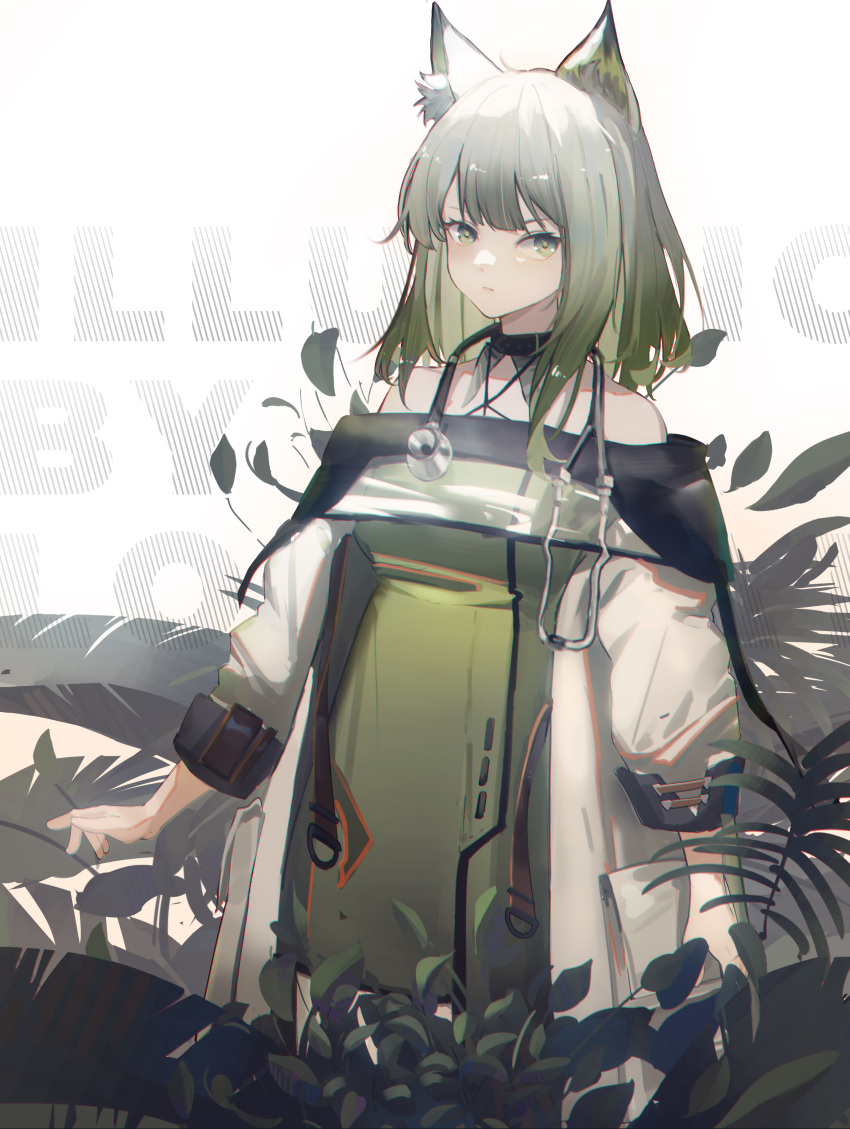 1girl absurdres animal_ear_fluff animal_ears arknights artist_name background_text bare_shoulders breasts cat_ears closed_mouth coat collarbone cowboy_shot cowgirl_position detached_collar dress gradient_hair green_dress green_eyes green_hair highres kal'tsit_(arknights) loftcatfm long_hair long_sleeves looking_at_viewer medium_breasts multicolored_hair open_clothes open_coat plant silver_hair solo stethoscope straddling white_coat