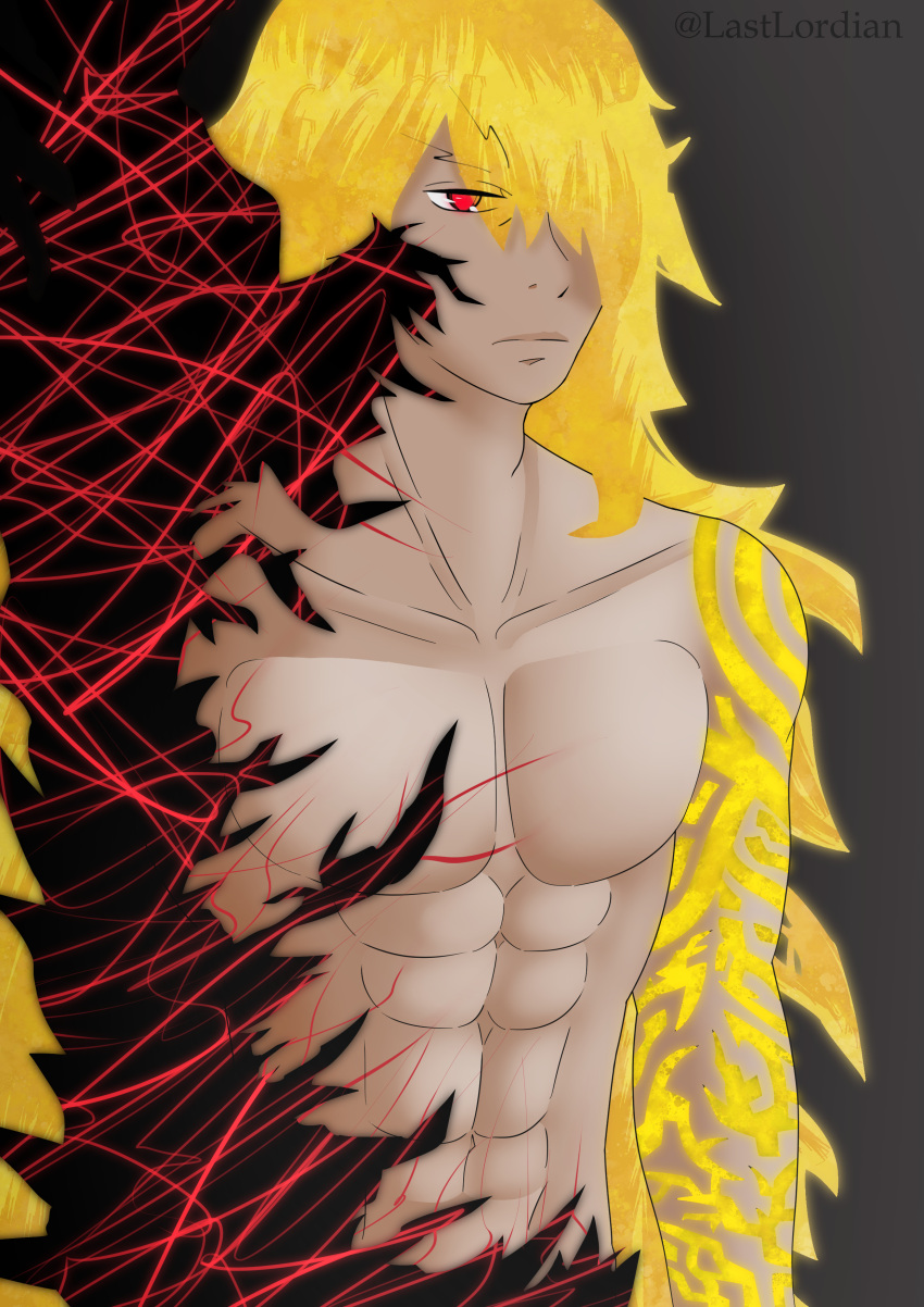 1boy abs bangs blonde_hair closed_mouth fate/grand_order fate_(series) goetia_(fate) goetia_(fate/grand_order) hair_over_one_eye lastlordian long_hair male_focus one_eye_covered red_eyes solo tattoo upper_body