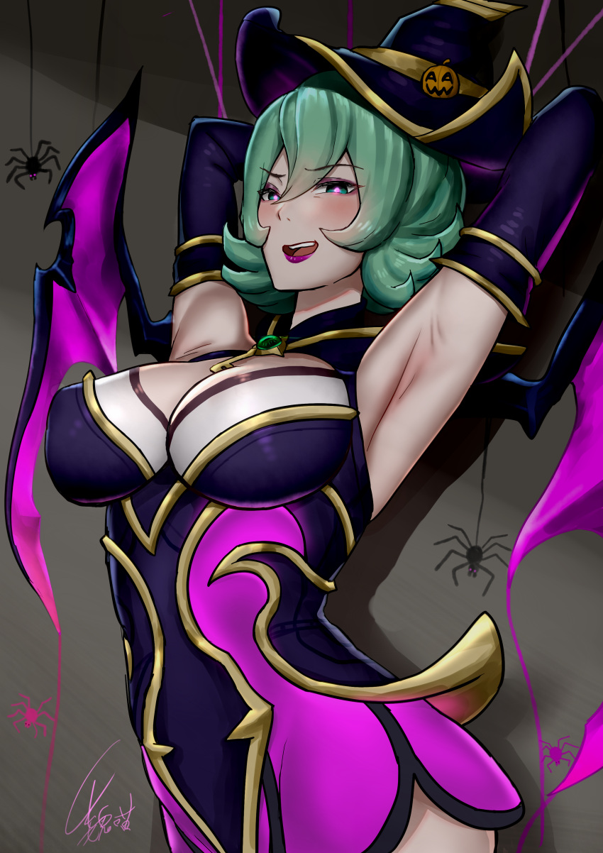 absurdres armpits bangs bewitching_elise black_dress black_headwear black_sleeves blush breasts brown_background bug detached_sleeves dress elise_(league_of_legends) eyebrows_visible_through_hair green_hair halloween highres large_breasts league_of_legends pink_dress pink_wings shiny shiny_hair short_hair signature smile solo spider two-tone_dress two-tone_headwear two-tone_wings upper_body wei_miao wings