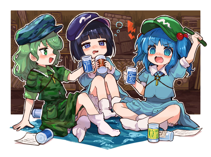 3girls @_@ arm_support arm_up bangs beer_can bloomers blue_eyes blue_headwear blunt_bangs blush cabbie_hat camouflage camouflage_headwear camouflage_jacket can collar commentary_request crossed_legs cucumber cup dark_blue_hair drooling drunk eyebrows_visible_through_hair eyelashes frilled_collar frills green_hair green_headwear greyscale hair_bobbles hair_ornament hat highres holding holding_can howhow_notei indian_style jacket kawashiro_nitori key long_hair looking_at_another monochrome mug multiple_girls open_mouth pocket puffy_short_sleeves puffy_sleeves shiny shiny_hair short_hair short_sleeves sitting sleeves_rolled_up socks touhou two_side_up underwear v-shaped_eyebrows wavy_hair white_legwear yamashiro_takane