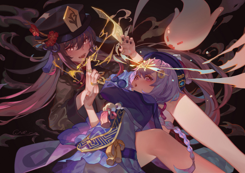 2girls absurdres braid braided_ponytail brown_hair chinese_clothes closed_eyes fang genshin_impact ghost gsr1982 hair_ornament hat highres hu_tao_(genshin_impact) jewelry jiangshi long_sleeves multiple_girls nail_polish open_mouth purple_hair qiqi_(genshin_impact) red_eyes ring smile symbol-shaped_pupils talisman twintails violet_eyes
