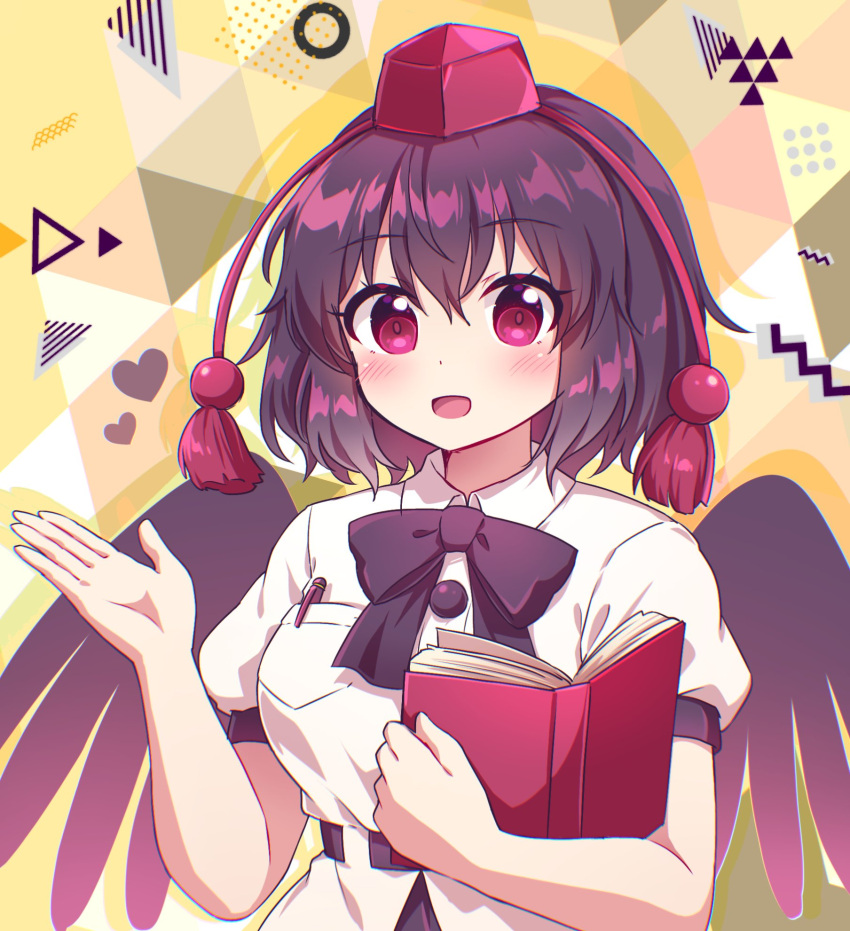 1girl :d abstract_background bangs belt bird_wings black_belt black_bow black_bowtie black_hair black_wings blush bow bowtie breast_pocket breasts buttons caramell0501 collared_shirt commentary_request eyebrows_visible_through_hair eyelashes feathered_wings hat heart highres holding holding_notebook large_breasts looking_at_viewer notebook open_mouth pen pocket red_eyes red_headwear shameimaru_aya shirt short_hair short_sleeves smile solo tokin_hat touhou upper_body white_shirt wing_collar wings