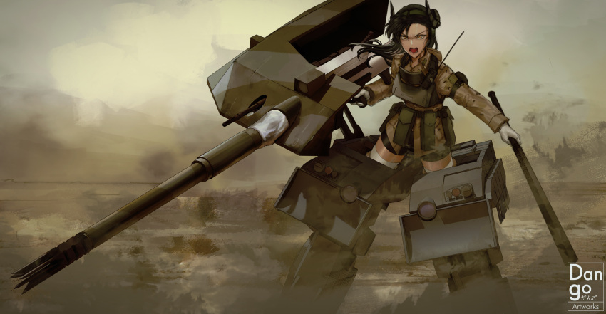 absurdres adapted_object ammunition_pouch artist_name bike_shorts body_armor camouflage club_(weapon) commission commissioner_upload dangodes desert_camouflage gloves ground_vehicle headset highres horns kanabou main_battle_tank mecha_musume military military_uniform military_vehicle motor_vehicle nishi_kyouko pouch radio sheep_horns strike_witches_1991 striker_unit tank type_10_(tank) uniform weapon white_gloves white_legwear world_witches_series