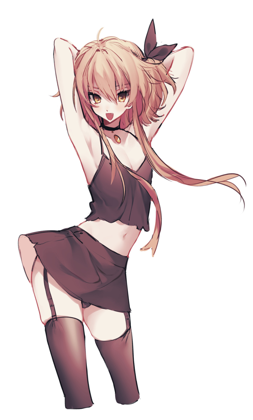 1girl absurdres arms_behind_head arms_up blonde_hair bob_cut bow choker clothes_lift commentary_request crop_top cropped_legs dancing fang hair_between_eyes hair_bow highres jewelry koyashaka looking_at_viewer me!me!me!_dance_(meme) meme midriff navel necklace original pale_skin panties sidelocks skirt skirt_lift thigh-highs tsurime underwear yellow_eyes