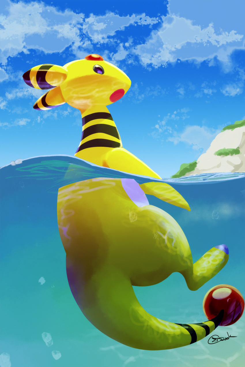 :o absurdres afloat ampharos artist_name clouds commentary_request day from_side full_body highres ocean open_mouth outdoors partially_underwater_shot pokemon signature sky water zigrock
