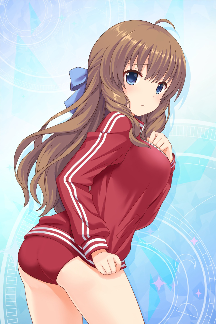 1girl absurdres ahoge alternative_girls arimura_shion ass blue_background blue_eyes brown_hair buruma closed_mouth eyebrows_visible_through_hair hand_on_own_chest highres long_hair long_sleeves looking_at_viewer official_art red_buruma red_sweater solo sweater