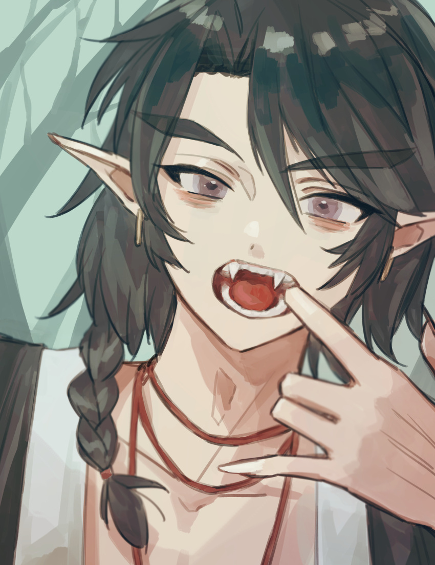 1boy absurdres black_hair earrings eyebrows_visible_through_hair fangs hand_up highres hoop_earrings jewelry lanxi_zhen long_hair looking_at_viewer mouth_pull open_mouth pointy_ears portrait solatky solo the_legend_of_luo_xiaohei xuan_li_(the_legend_of_luoxiaohei)