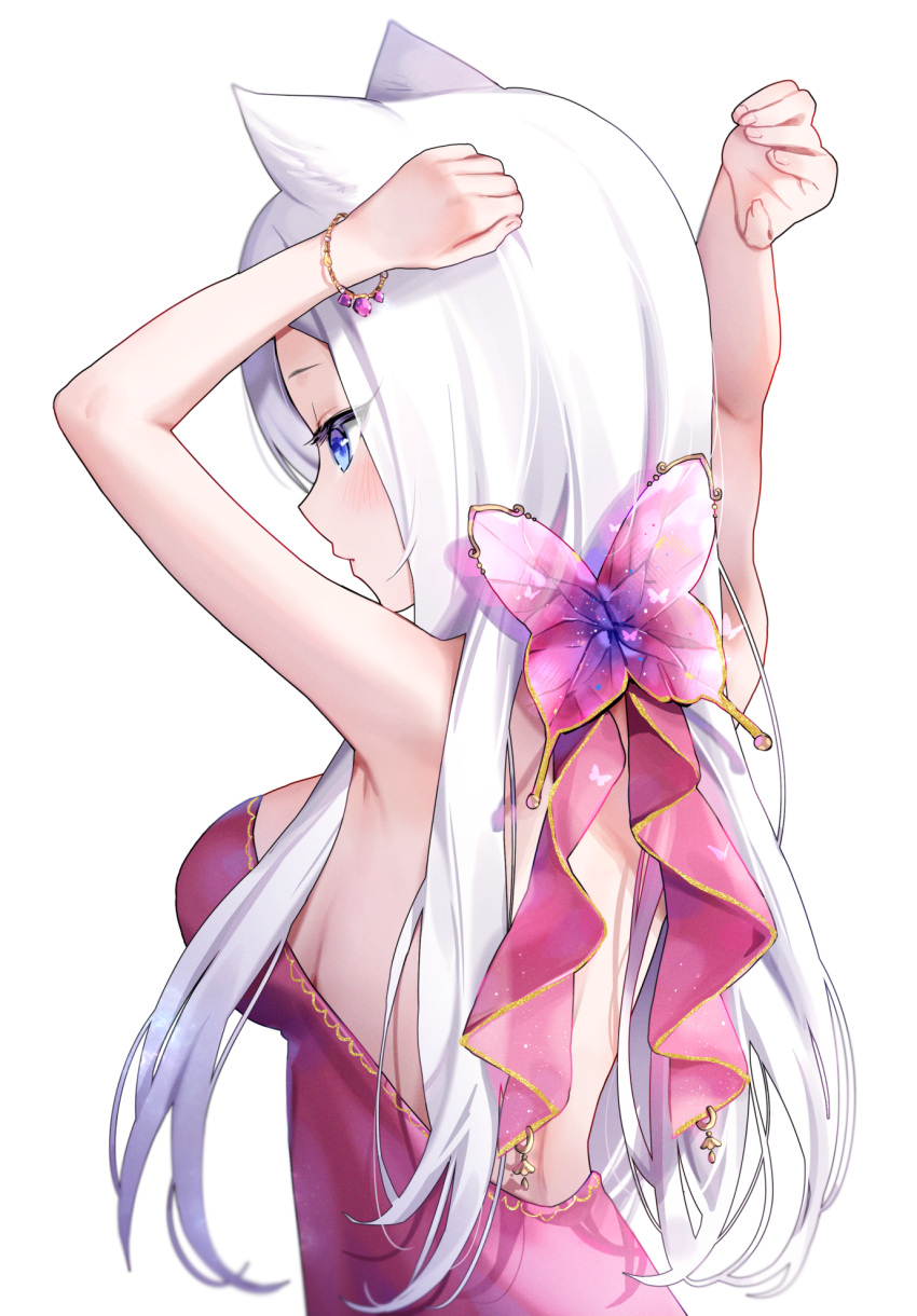 1girl animal_ears arms_up backless_dress backless_outfit bare_arms bare_shoulders blue_eyes blush breasts cat_ears commentary dress from_behind highres long_hair looking_away medium_breasts nami_(nyaa) original pink_dress profile simple_background solo upper_body very_long_hair white_background white_hair