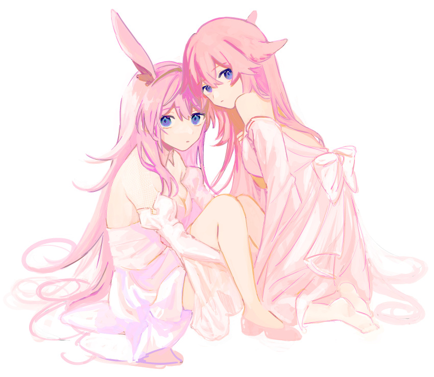 2girls absurdres animal_ears bangs closed_mouth company_connection crossover dress fox_ears full_body genshin_impact highres honkai_(series) honkai_impact_3rd long_hair looking_at_viewer mihoyo_technology_(shanghai)_co._ltd. multiple_girls pink_dress pink_hair pink_sleeves sakura_ayane simple_background sketch strapless strapless_dress trait_connection tsuzuki908 violet_eyes voice_actor_connection white_background yae_miko yae_sakura