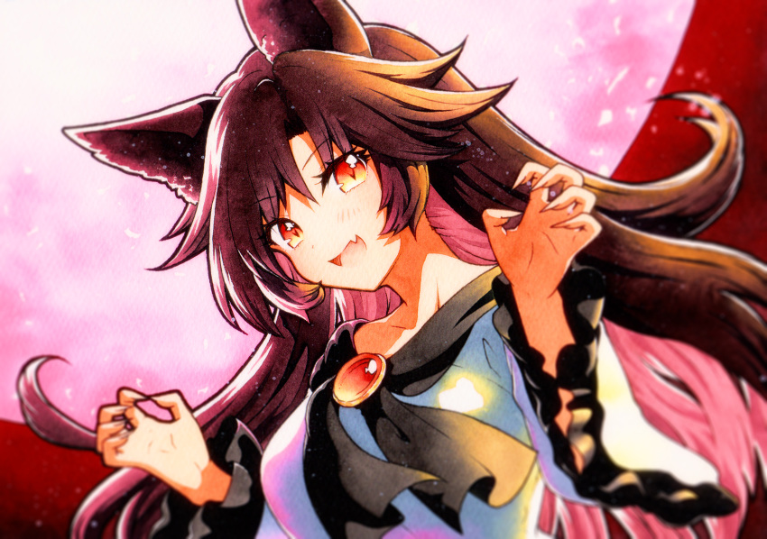 1girl animal_ears breasts brooch brown_hair dress eyelashes fang fingernails frills full_moon highres imaizumi_kagerou jewelry long_fingernails long_hair long_sleeves looking_at_viewer moon open_mouth pink_moon qqqrinkappp red_eyes smile solo touhou traditional_media upper_body white_dress wide_sleeves wolf_ears
