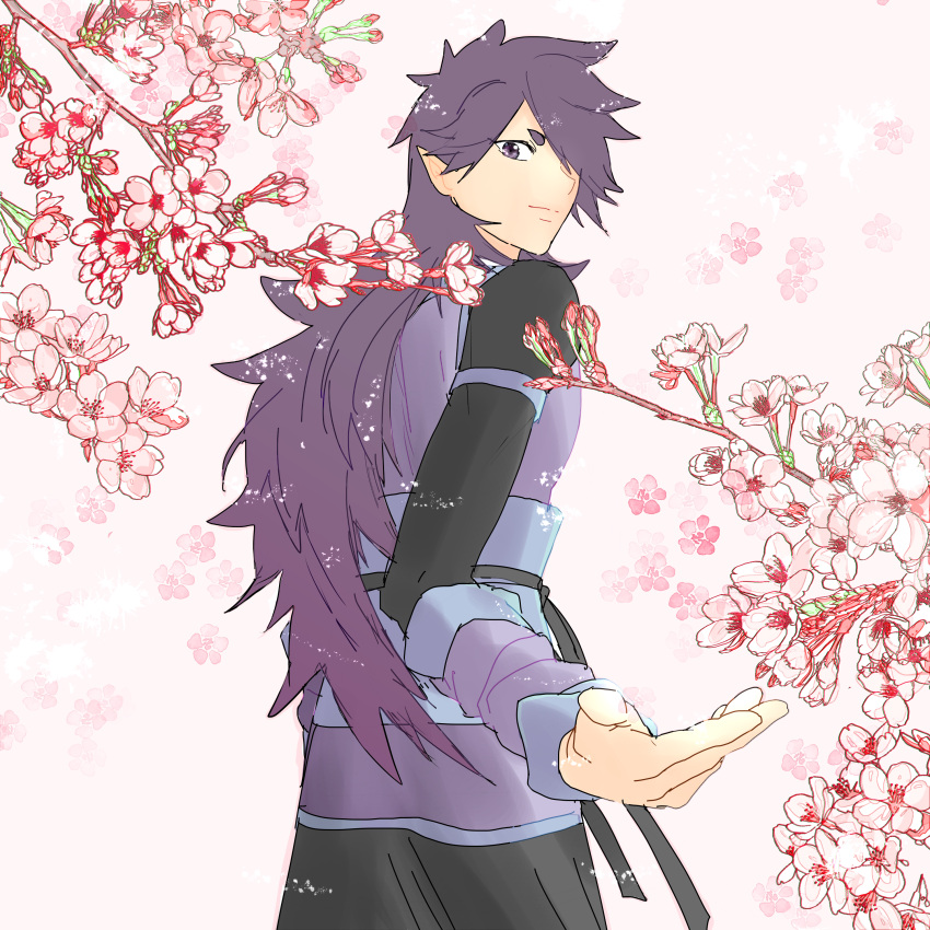 1boy absurdres branch fengxi_(the_legend_of_luoxiaohei) flower from_behind highres long_hair long_sleeves looking_at_viewer looking_back pink_flower pointy_ears purple_hair route7sdr solo the_legend_of_luo_xiaohei violet_eyes