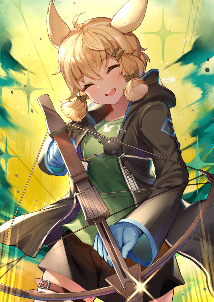 1girl :d ahoge animal_ears arknights black_jacket black_shorts blue_gloves blush bow buckle closed_eyes clothes_writing cowboy_shot crossbow facing_viewer glint gloves green_bow green_shirt hair_bow hair_ornament hairclip highres holding holding_weapon jacket kroos_(arknights) niwatori_(satoru0201) open_clothes open_jacket open_mouth rabbit_ears shirt short_shorts shorts sidelocks smile solo sparkle thigh_strap weapon