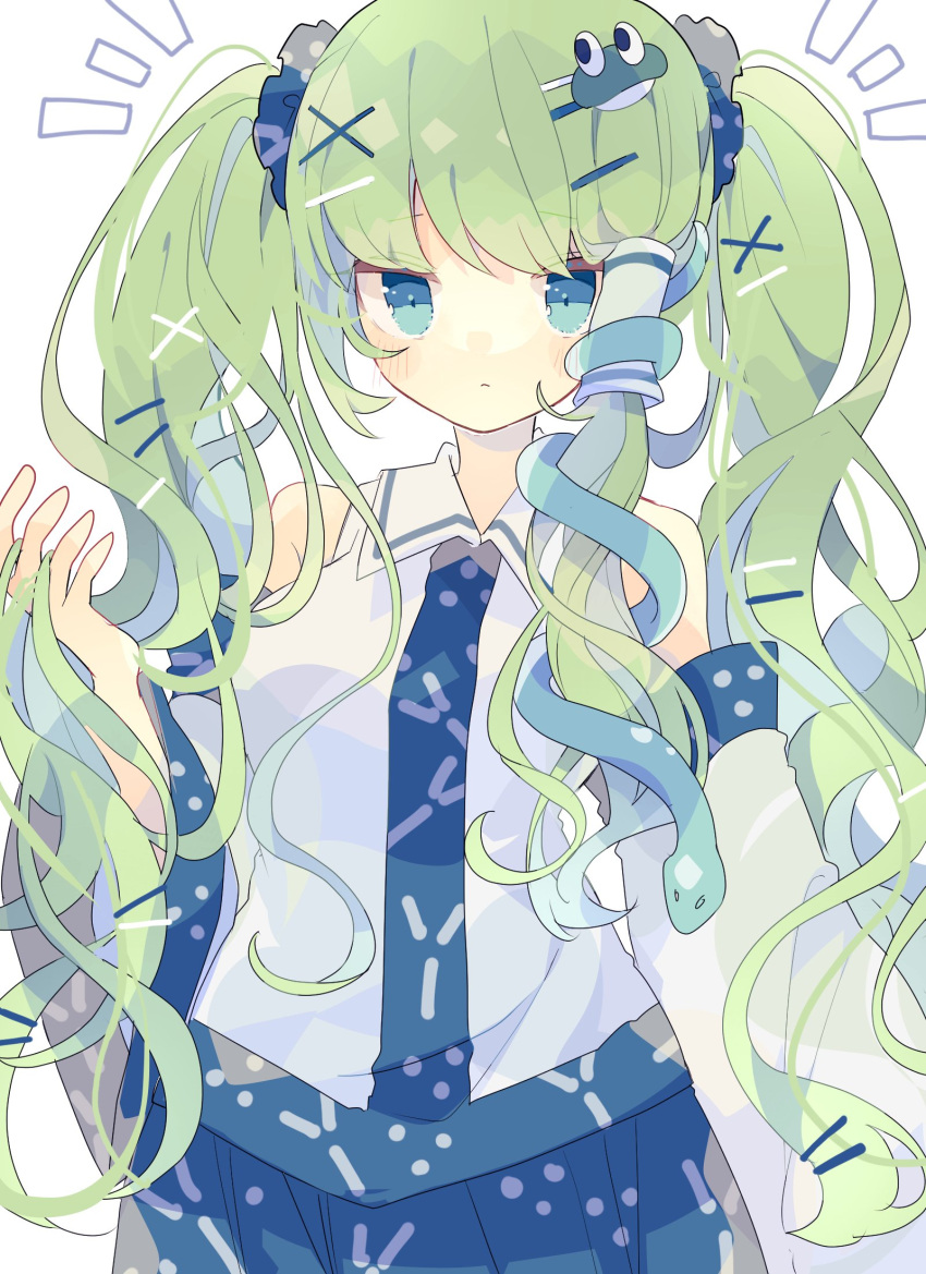 1girl :&lt; arm_at_side bangs bare_shoulders blue_skirt blunt_bangs blush breasts closed_mouth collared_shirt commentary detached_sleeves eyebrows_visible_through_hair frog_hair_ornament green_eyes hair_ornament hair_ribbon hair_tubes hand_up highres kochiya_sanae large_breasts long_hair long_sleeves looking_at_viewer nikorashi-ka one-hour_drawing_challenge playing_with_own_hair ribbon shirt short_twintails simple_background single_sidelock skirt sleeveless sleeveless_shirt snake snake_hair_ornament solo touhou twintails upper_body white_background white_shirt wide_sleeves
