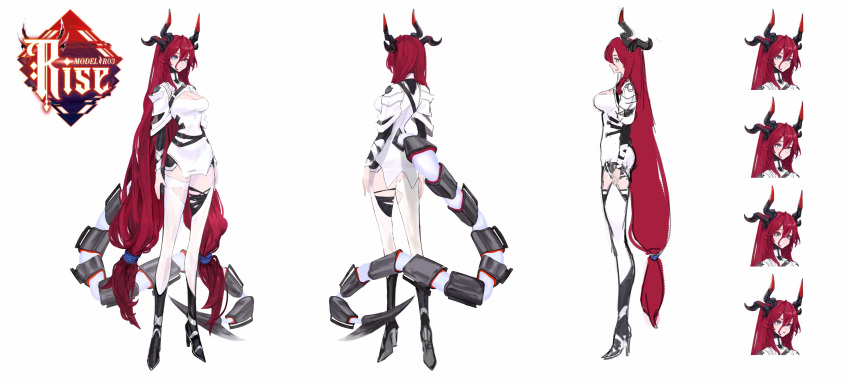 1girl absurdres blue_eyes breasts cha_neung character_sheet dragon_tail full_body highres horns indie_virtual_youtuber large_breasts long_hair mechanical_horns mechanical_parts mechanical_tail pale_skin redhead rise_(vtuber) tail very_long_hair virtual_youtuber