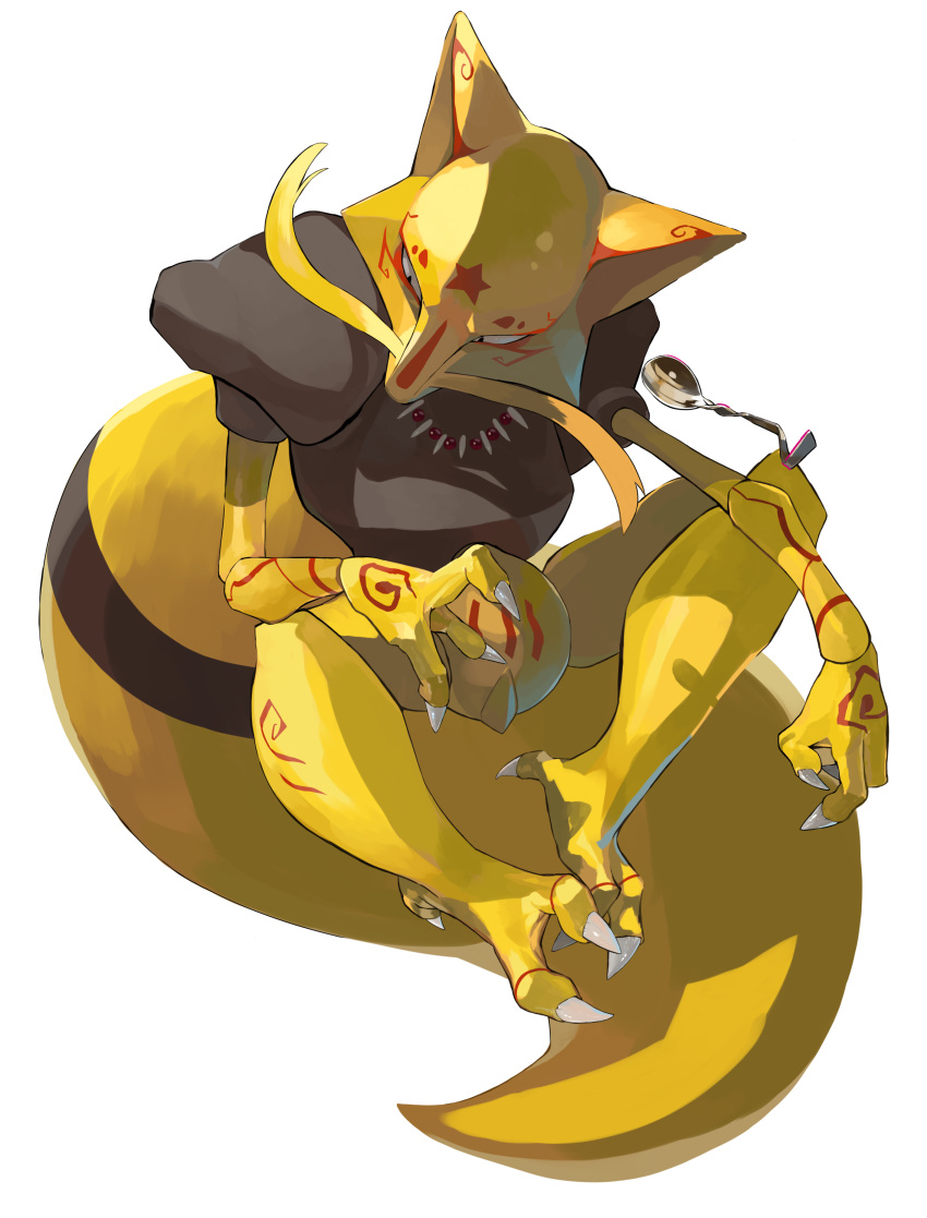 absurdres bent_spoon black_eyes claws commentary_request full_body highres kadabra looking_to_the_side no_humans pokemon pokemon_(creature) simple_background solo spoon white_background yunimaru