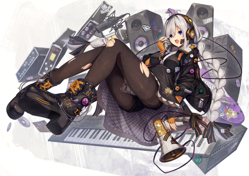 1girl amplifier bangs black_dress black_footwear black_jacket black_legwear blue_eyes boots braid commentary_request dress electric_guitar english_commentary fingerless_gloves floating gloves guitar headphones hetaren_(ramark) highres instrument jacket keyboard_(instrument) kizuna_akari long_hair long_sleeves looking_at_viewer low_twintails megaphone microphone mixed-language_commentary open_clothes open_jacket open_mouth orange_gloves pantyhose short_dress silver_hair solo speaker thighband_pantyhose torn_clothes torn_legwear twin_braids twintails very_long_hair voiceroid
