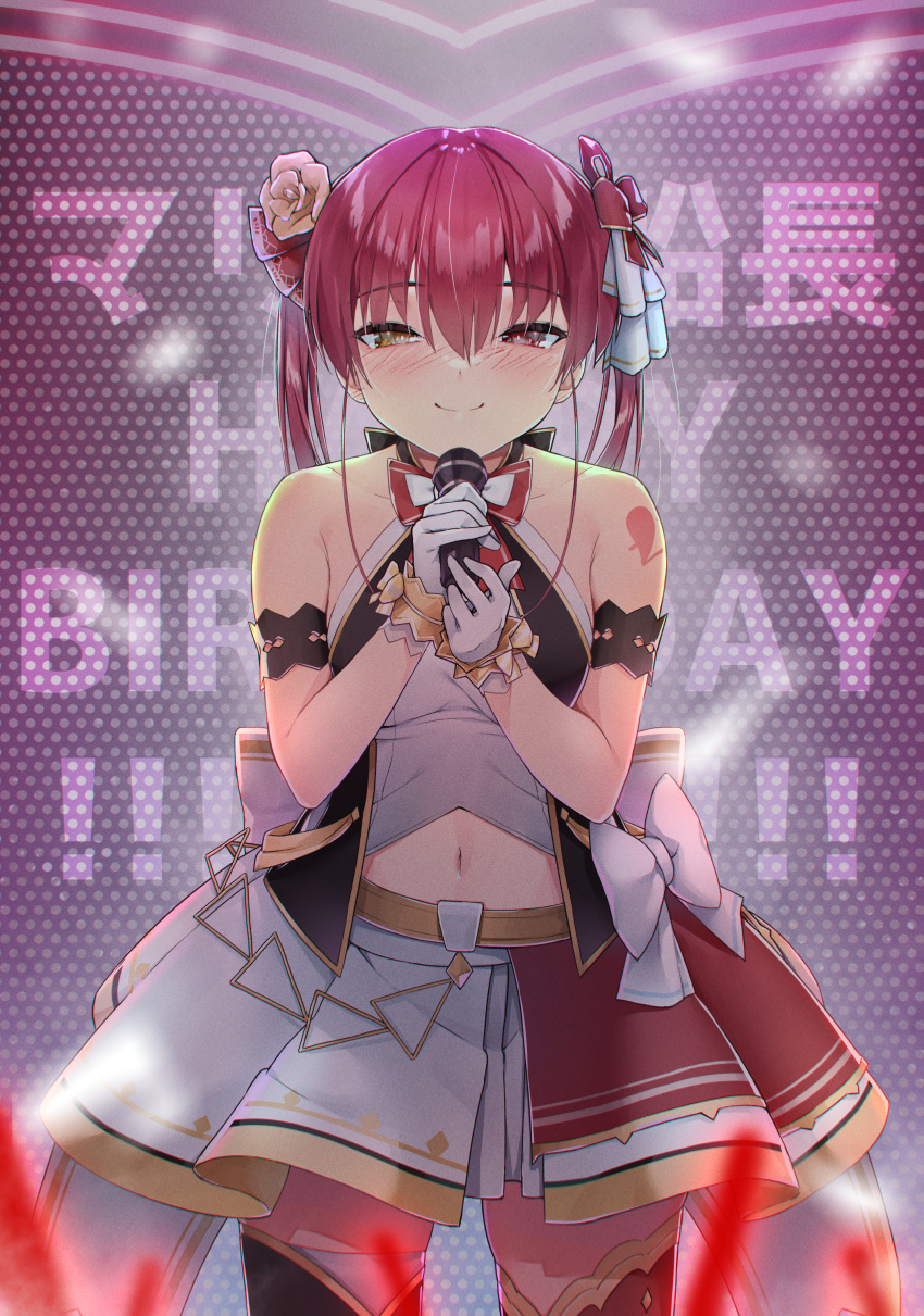 1girl absurdres blush breasts concert cowboy_shot english_text flower gloves glowstick hair_between_eyes hair_flower hair_ornament happy_birthday heterochromia highres hololive houshou_marine koubou_(cowbow_kun) looking_at_viewer medium_breasts microphone midriff navel red_eyes shoulder_tattoo sleeveless smile solo tattoo thigh-highs thighs virtual_youtuber white_gloves yellow_eyes