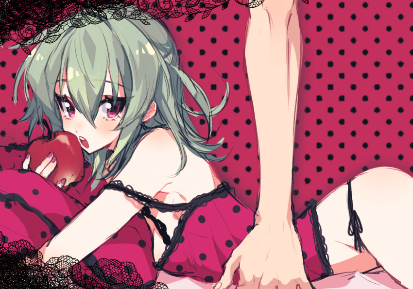 1girl apple eating food fruit green_hair koyashaka lingerie looking_at_viewer looking_to_the_side lying on_stomach original pale_skin panties sweet_devil_(vocaloid) thighs underwear violet_eyes