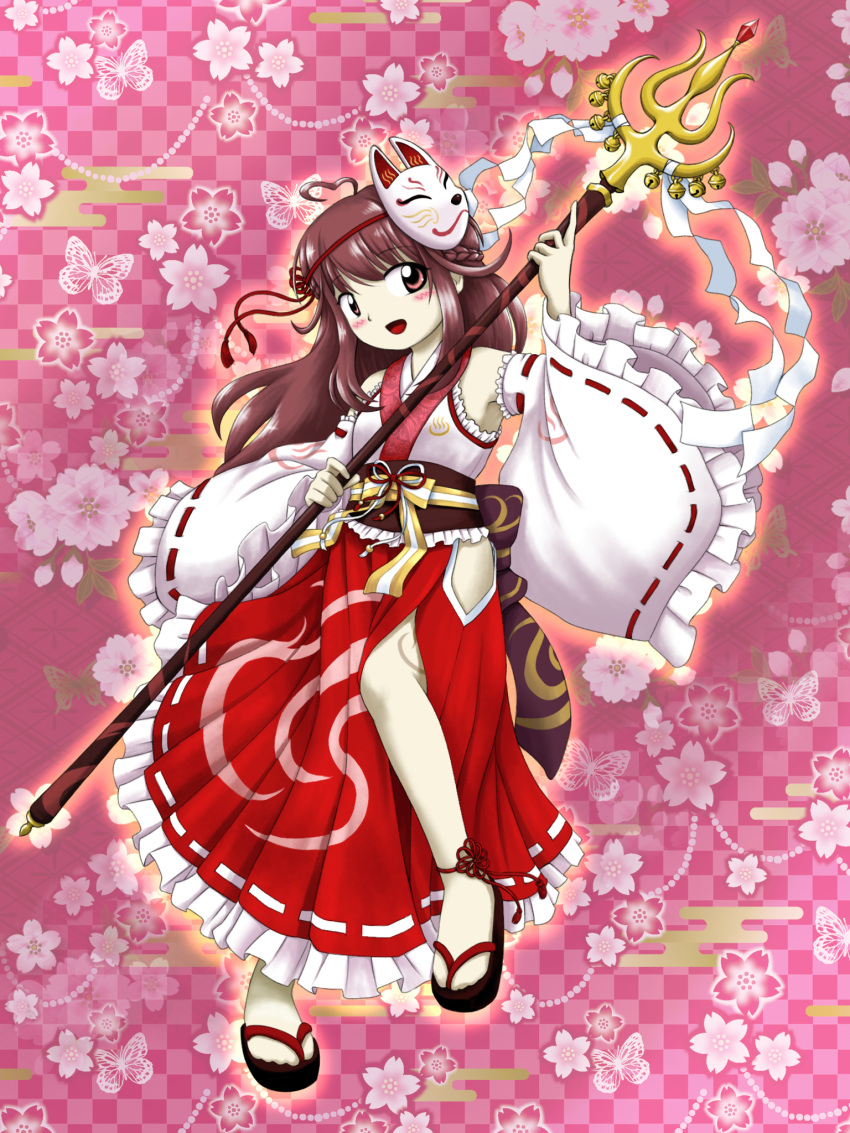 1girl :d ahoge bangs blush bow breasts brown_eyes brown_hair brown_sash commentary_request cookie_(touhou) detached_sleeves egasumi eyebrows_visible_through_hair floral_background fox_mask frilled_sleeves frills full_body heart_ahoge highres hip_vent holding holding_polearm holding_weapon indie_virtual_youtuber japanese_clothes kanna_(cookie) long_hair looking_at_viewer mask mask_on_head miko obi open_mouth parasite_oyatsu pink_background polearm red_skirt ribbon-trimmed_sleeves ribbon_trim sash shirt skirt small_breasts smile solo spear striped striped_bow virtual_youtuber weapon white_shirt white_sleeves yellow_bow zun_(style)