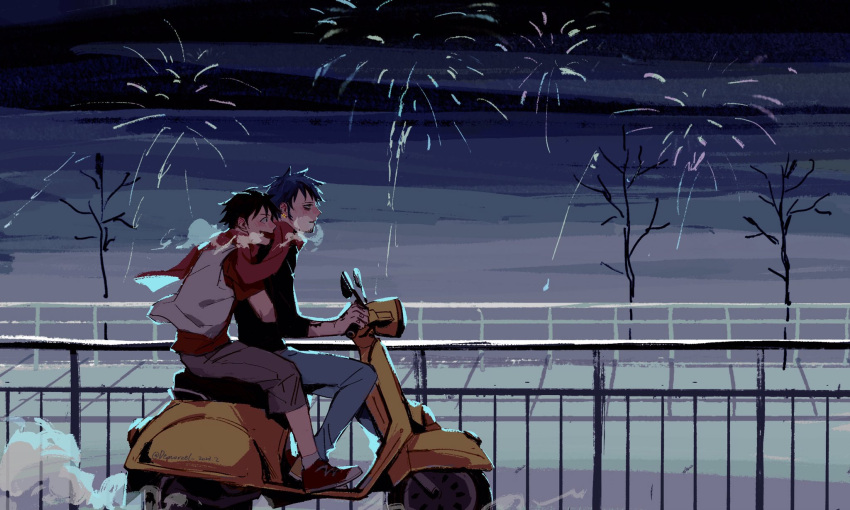 2boys :d black_hair breath cold dark demorzel from_side ground_vehicle highres male_focus monkey_d._luffy motor_vehicle motorcycle multiple_boys one_piece outdoors riding smile trafalgar_law