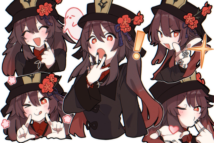 ! &gt;_o 1girl :d :o :q ;q black_nails blush brown_hair closed_eyes closed_mouth collared_shirt commentary_request cropped_torso expressions eyebrows_visible_through_hair finger_gun flower genshin_impact ghost hair_between_eyes hand_to_own_mouth hat hat_flower hat_ornament heart hu_tao_(genshin_impact) jewelry long_sleeves multiple_views nervous nervous_smile niboshi_(jnls_hkg) one_eye_closed open_mouth plum_blossoms pointing pointing_at_self red_eyes red_shirt ring shirt smile sparkle tongue tongue_out twintails v-shaped_eyebrows