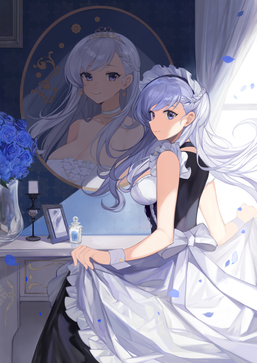 1girl apron azur_lane bangs belfast_(azur_lane) belfast_(the_pledge_of_claddagh)_(azur_lane) black_choker black_dress blue_eyes blue_flower blue_rose bottle braid breasts choker closed_mouth commentary cowboy_shot crown_braid curtains dress floating_hair flower frilled_dress frills from_behind highres indoors long_hair looking_at_viewer looking_back maid_apron maid_headdress medium_breasts official_alternate_costume perfume_bottle petals picture_frame portrait_(object) rose shade silver_hair skirt_hold sleeveless sleeveless_dress smile solo sunlight swept_bangs vase window wrist_cuffs yayako_(804907150)