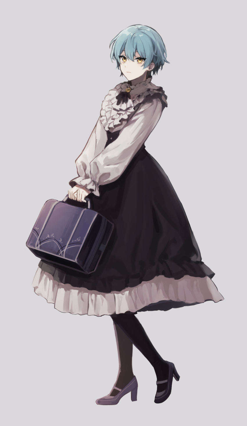 1girl angela_(lobotomy_corporation) ap5ry bag blue_hair closed_mouth dress frilled_dress frilled_shirt_collar frilled_skirt frills full_body high_heels highres holding library_of_ruina lobotomy_corporation long_sleeves looking_at_viewer simple_background skirt solo thigh-highs yellow_eyes