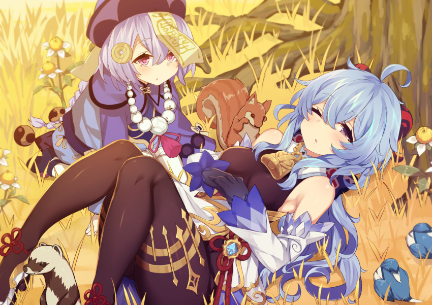 2girls ahoge bare_shoulders bead_necklace beads bell bird black_gloves blue_hair bodysuit braid braided_ponytail detached_sleeves eyebrows_visible_through_hair flower ganyu_(genshin_impact) genshin_impact gloves goat_horns grass hair_between_eyes hair_ornament hands_on_own_stomach hat highres horns jewelry jiangshi kneeling lolikaku long_hair looking_at_viewer lying multiple_girls neck_bell necklace ofuda on_back one_eye_closed outdoors pantyhose parted_lips qiqi_(genshin_impact) sleepy squirrel sweet_flower tassel thighband_pantyhose tree violet_eyes vision_(genshin_impact)