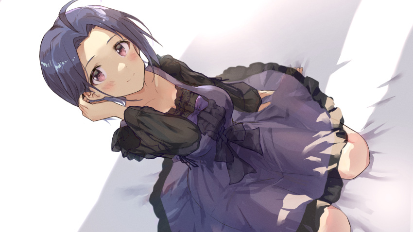 1girl ahoge babydoll blue_hair blush commentary_request dress dutch_angle highres idolmaster idolmaster_(classic) long_sleeves looking_at_viewer miura_azusa on_bed purple_dress see-through short_hair shuucream_(syuichi) sitting sitting_on_bed solo violet_eyes wariza