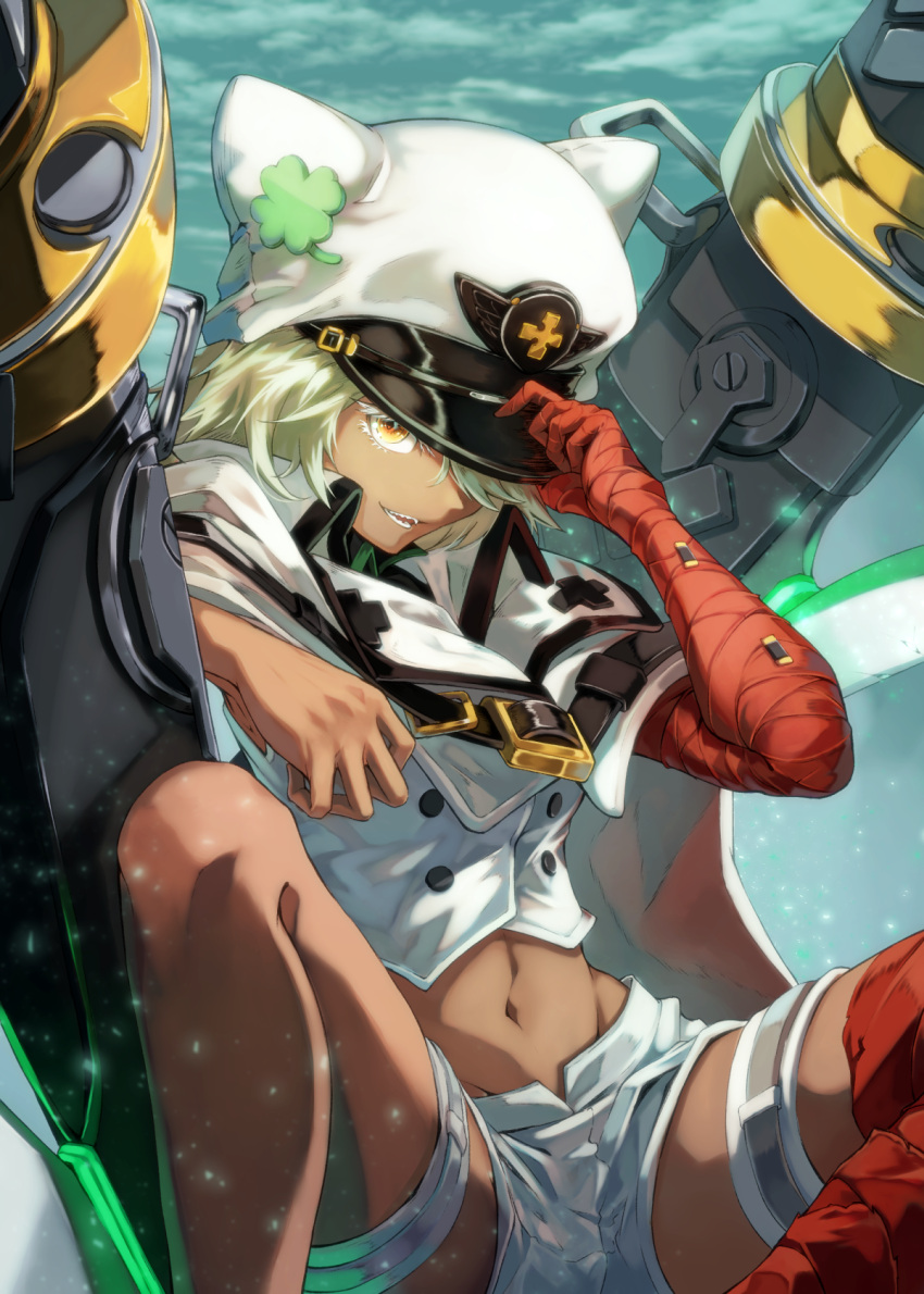 1girl bandages bangs belt blue_sky breasts cloak clouds cloudy_sky clover dark-skinned_female dark_skin four-leaf_clover guilty_gear guilty_gear_strive hair_between_eyes hat hat_over_one_eye highres huge_weapon leg_belt legs_apart looking_at_viewer medium_breasts medium_hair midriff navel online_neet open_mouth platinum_blonde_hair ramlethal_valentine shaded_face sharp_teeth short_shorts shorts simple_background sitting sky solo stomach sword teeth thick_eyelashes thigh_strap thighs weapon white_background yellow_eyes