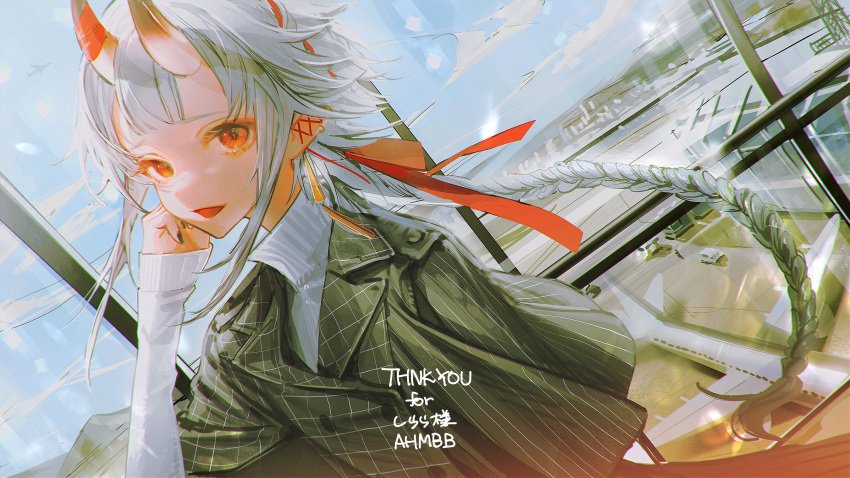 1girl absurdres aircraft airplane airport artist_name braid clouds commission english_commentary flat_chest green_jacket highres indie_virtual_youtuber jacket long_hair multicolored_hair oni open_mouth orange_eyes redhead sawashiro_shirara skeb_commission sky sleeves_past_wrists solo streaked_hair sweater turtleneck turtleneck_sweater very_long_hair virtual_youtuber wakame_(wkm_0) white_sweater